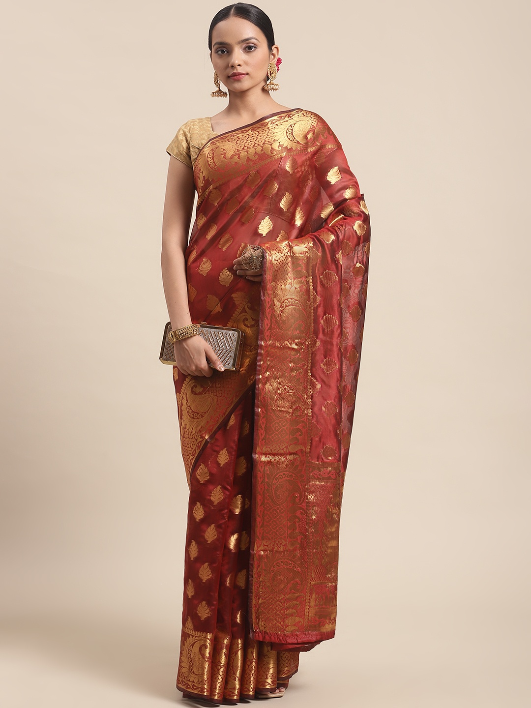 

Silk Land Red & Golden Ethnic Motifs Zari Kanjeevaram Silk Saree