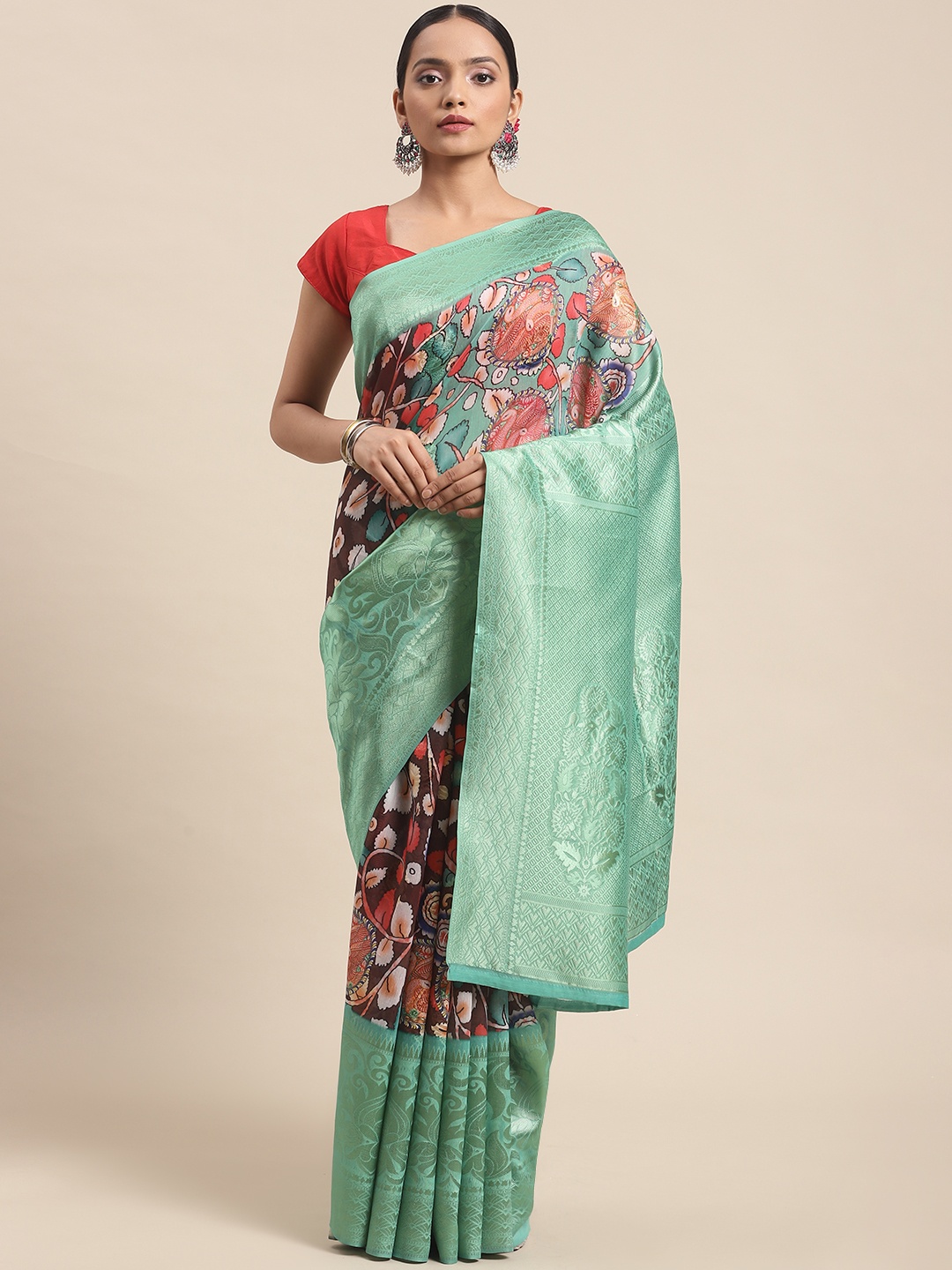 

Silk Land Brown & Sea Green Floral Zari Pure Silk Saree