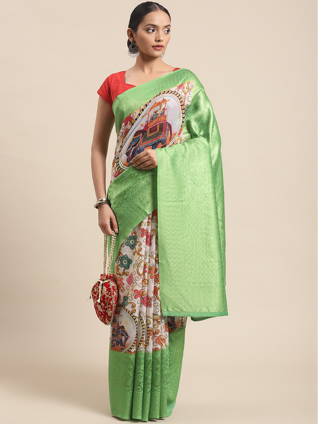 

Silk Land White & Green Floral Zari Pure Silk Saree