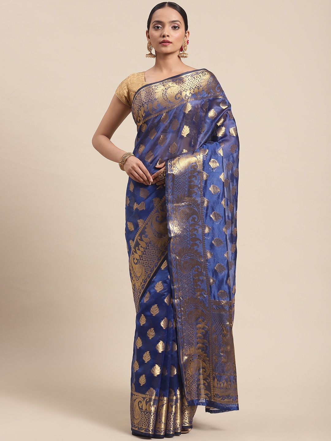 

Silk Land Blue & Gold-Toned Ethnic Motifs Zari Kanjeevaram Saree
