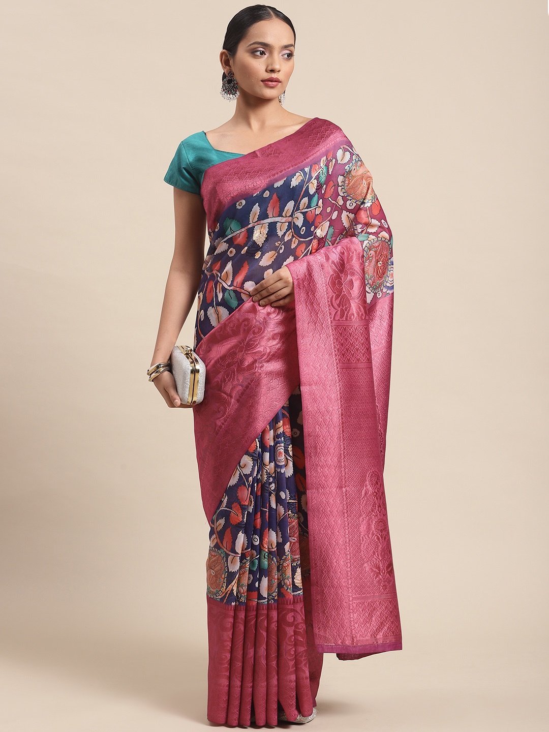 

Silk Land Navy Blue & Magenta Floral Zari Pure Silk Saree