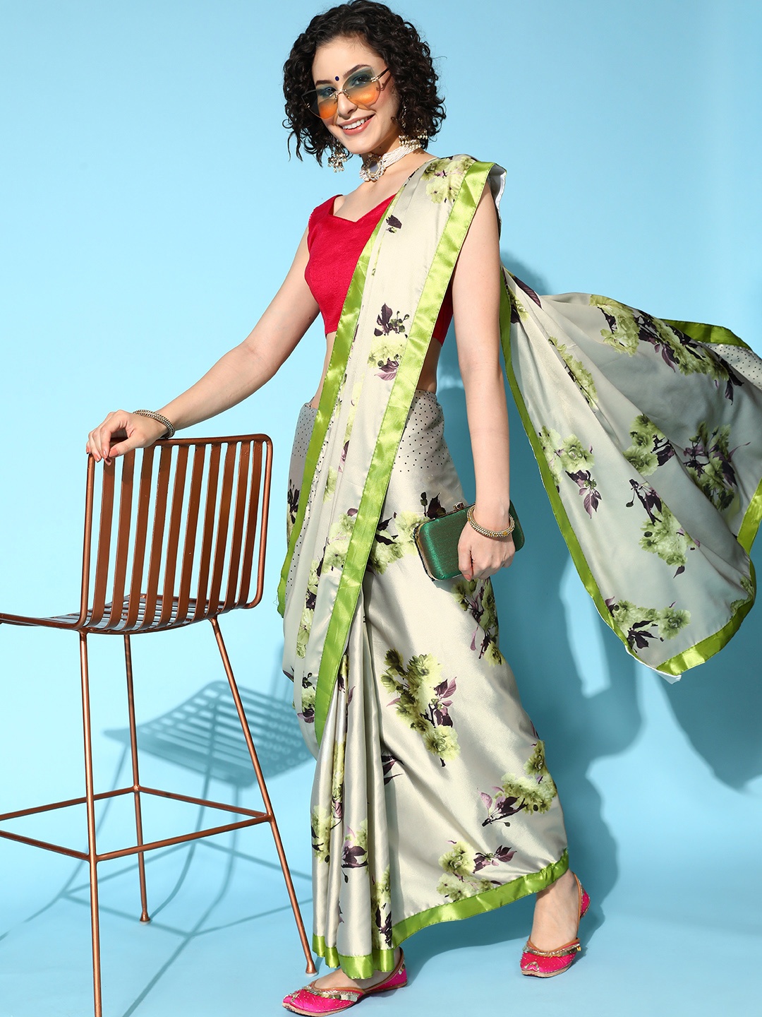 

Mitera Floral Satin Saree with Solid Border, Green