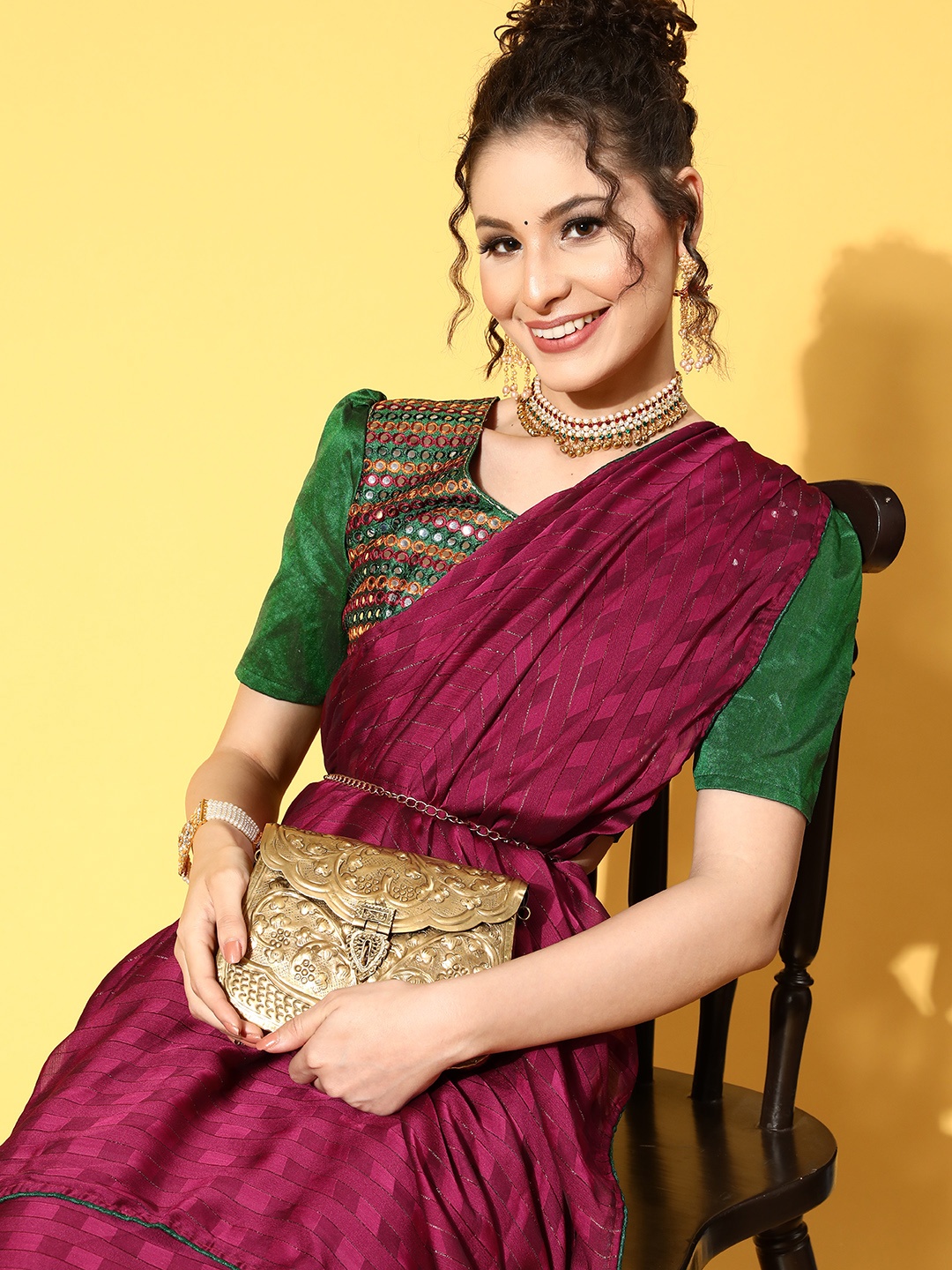 

Mitera Checked Pure Chiffon Saree with Woven Design Border, Magenta