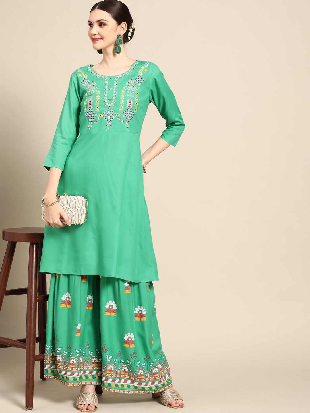 

Sangria Women Green Ethnic Motifs Embroidered Pleated Mirror Work Kurta with Palazzos