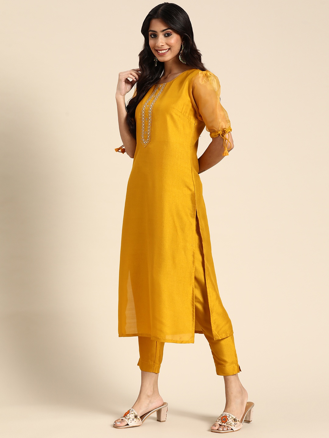 

Sangria Women Mustard Yellow Ethnic Motifs Yoke Design Thread Work Kurta with Trousers