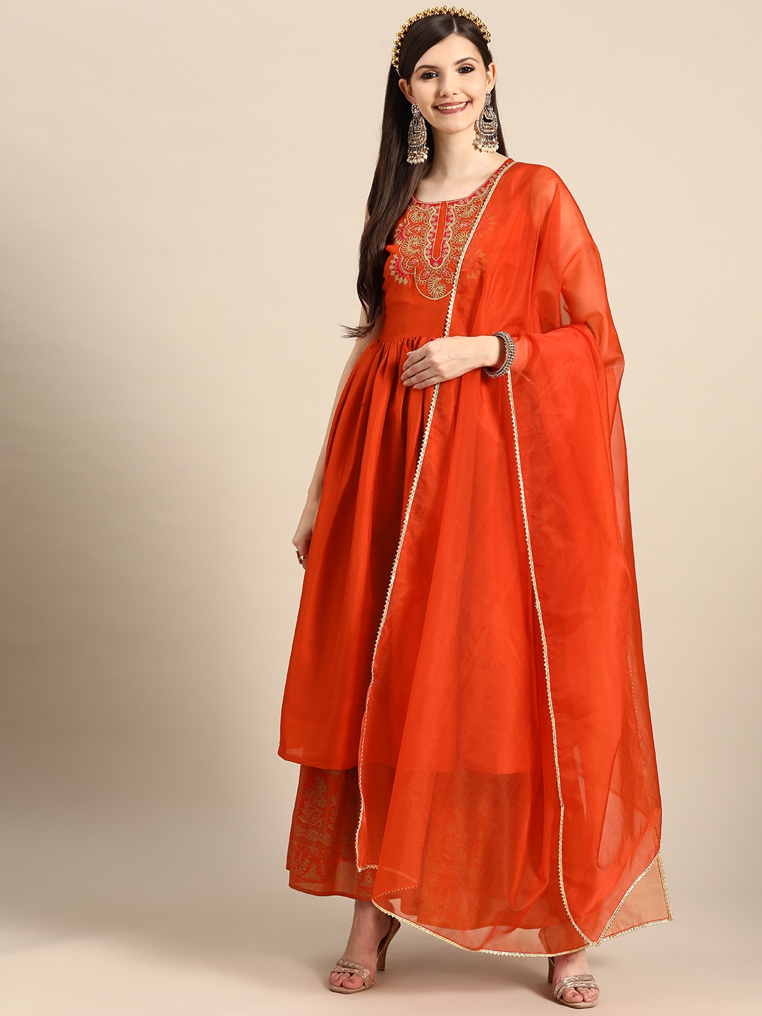 

Sangria Women Orange Ethnic Yoke Design Pleated Kurta with Sharara & With Dupatta