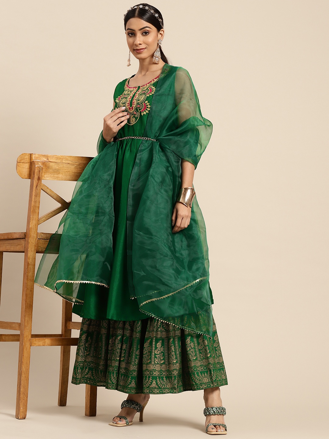 

Sangria Women Green & Golden Yoke Design Kurta with Sharara & Dupatta