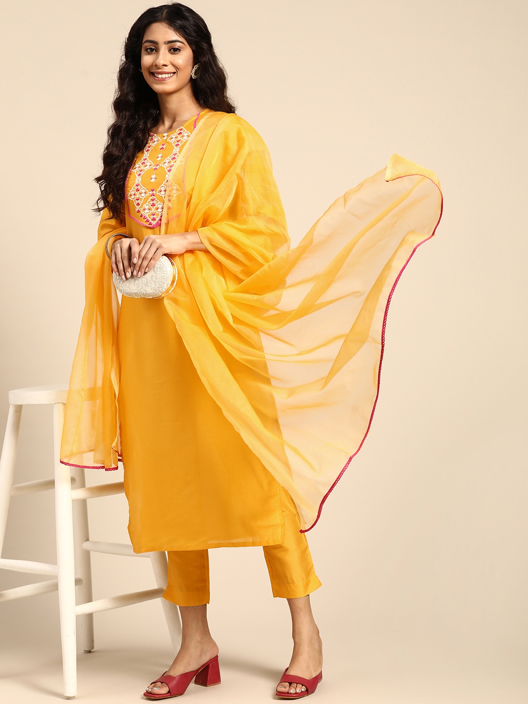 

Sangria Women Yellow Floral Yoke Design Thread Work Kurta with Trousers & With Dupatta