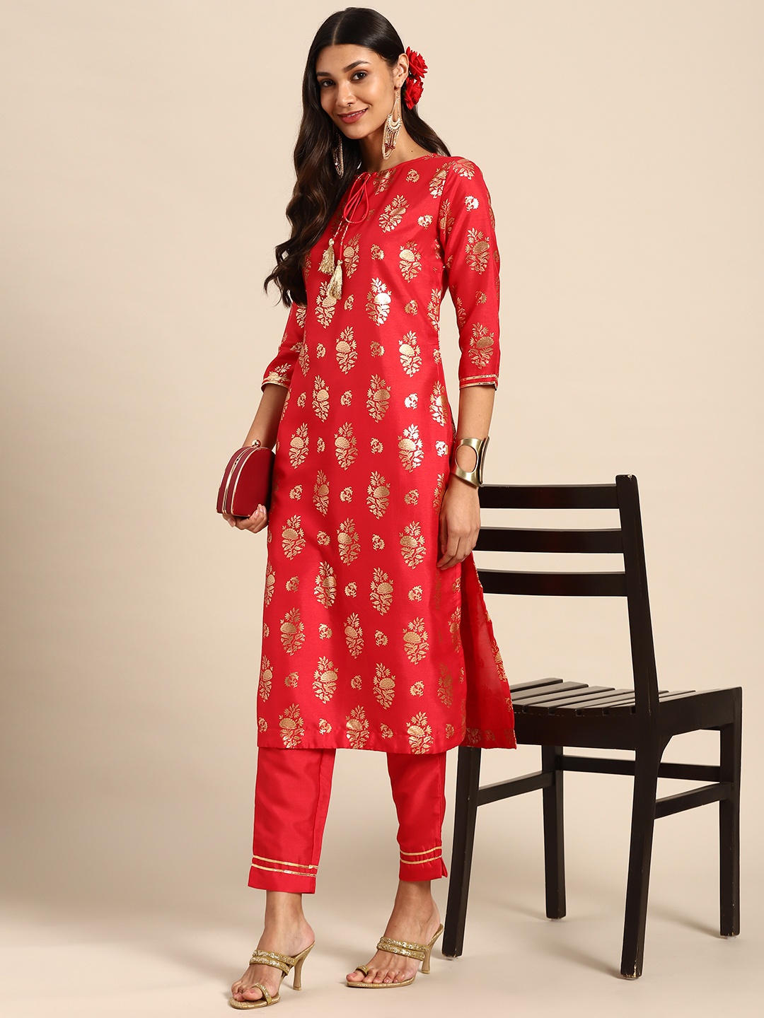 

Sangria Women Red & Golden Floral Print Kurta with Trousers