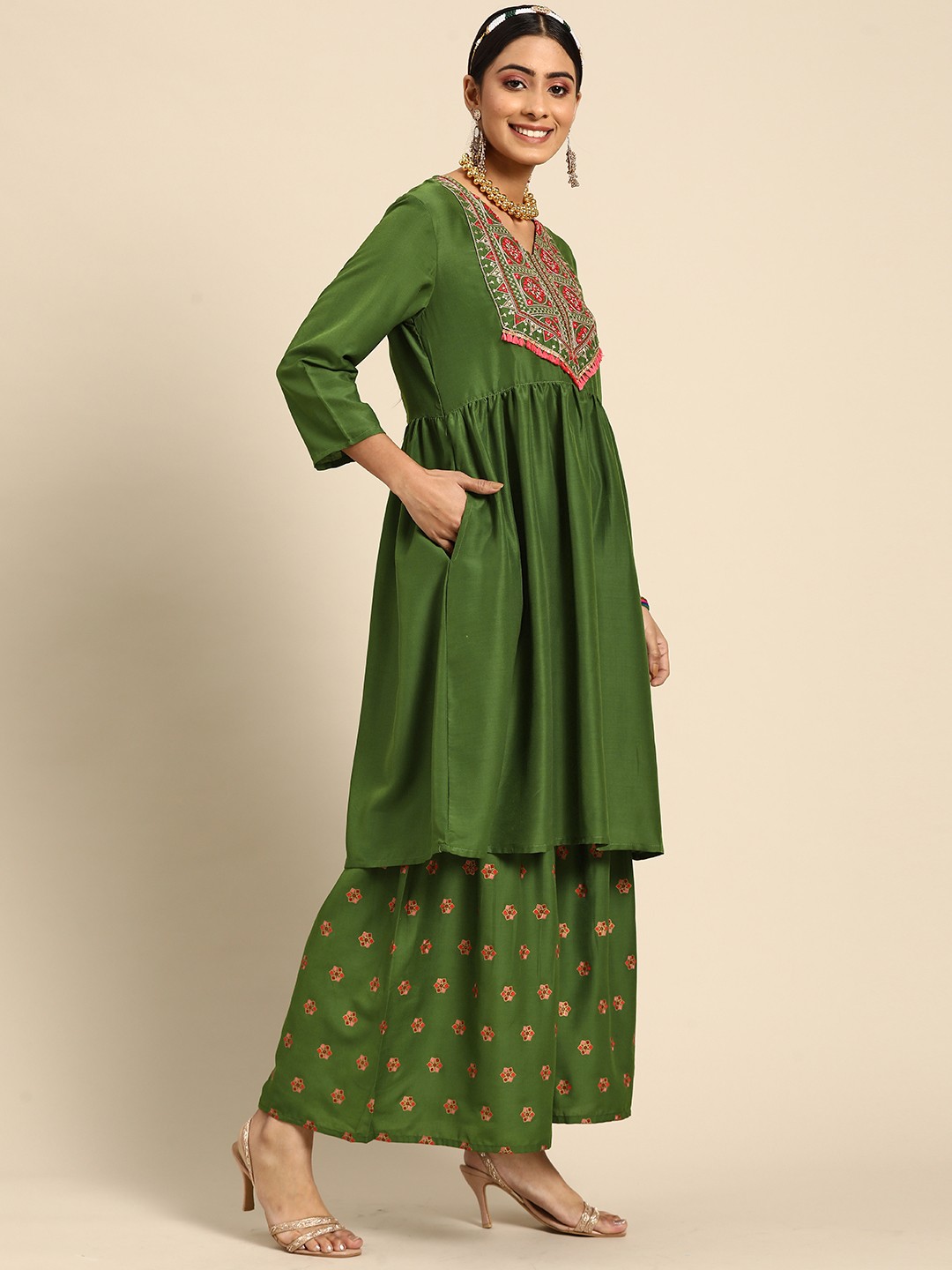 

Sangria Women Olive Green Ethnic Motifs Embroidered Kurta with Sharara