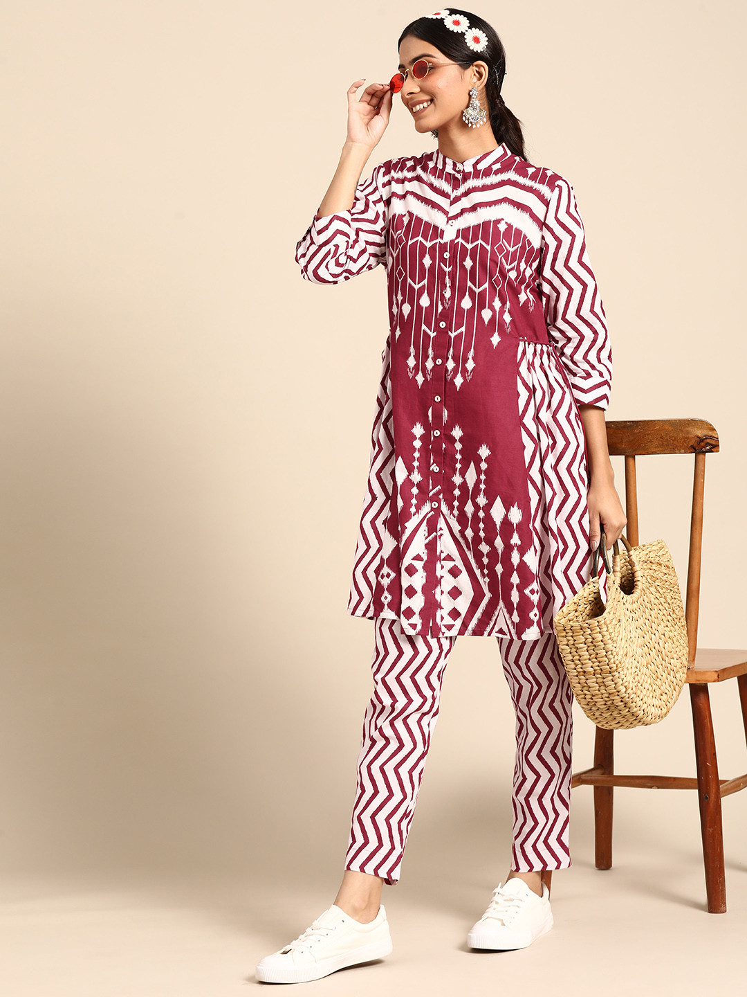 

Sangria Women Maroon & White Printed Pure Cotton Kurta with Trousers