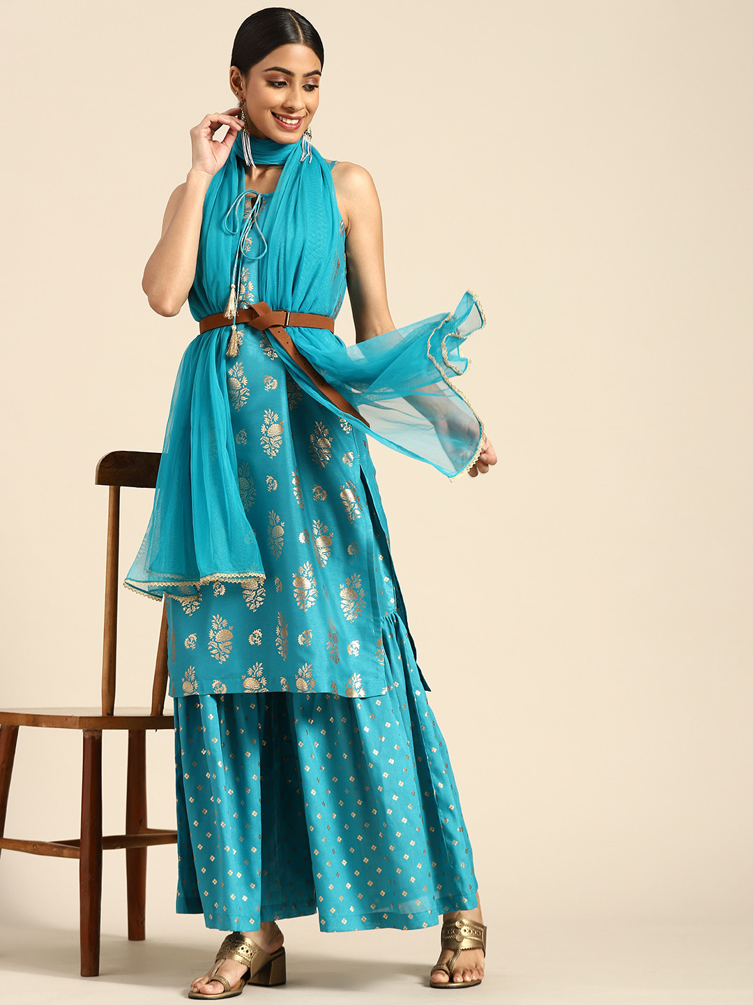 

Sangria Women Blue & Golden Ethnic Motifs Printed Kurta with Sharara & Dupatta