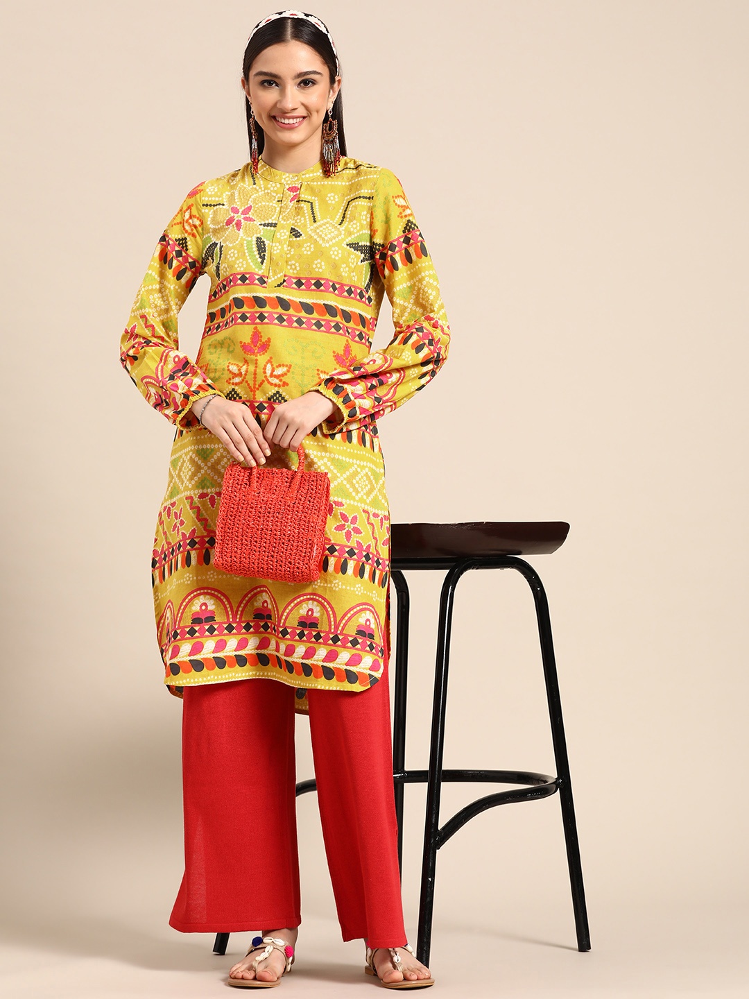 

Sangria Women Mustard Yellow & Red Bandhani Printed Pure Cotton Kurta