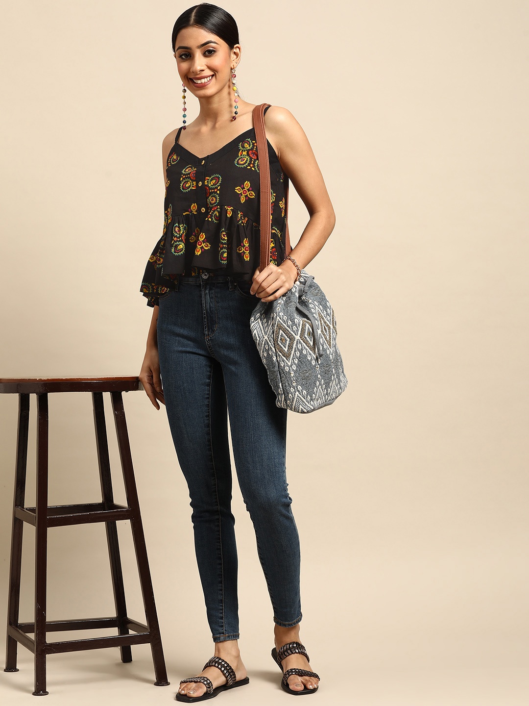 

Sangria Black & Yellow Floral Print Pure Cotton Empire Top