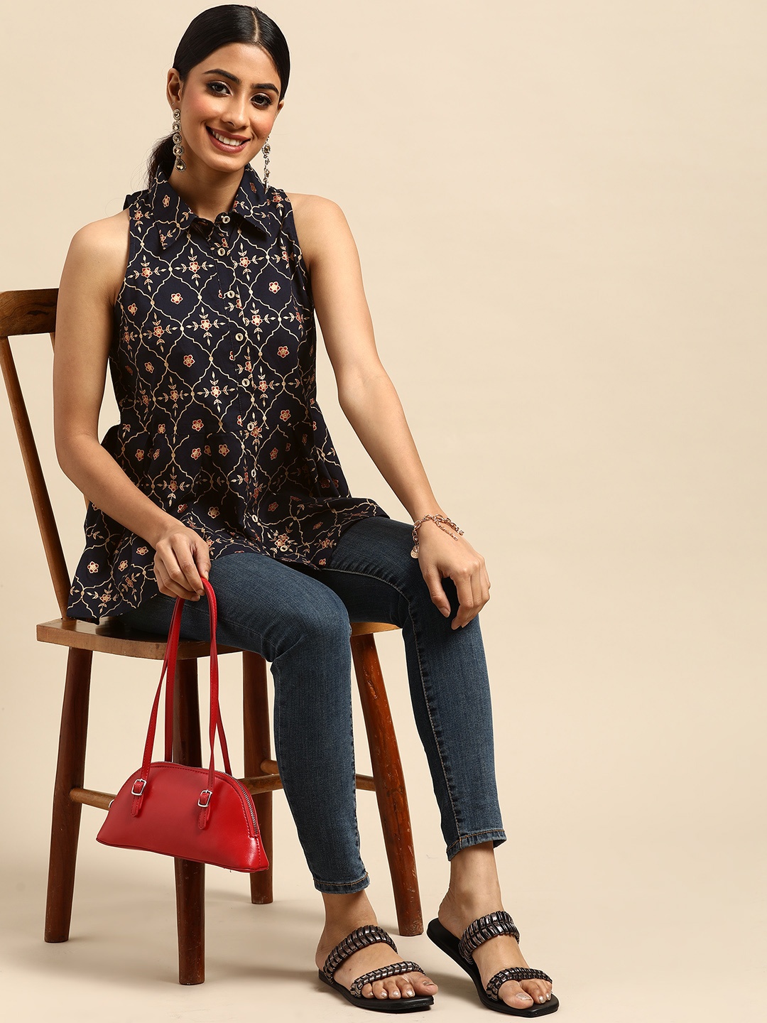

Sangria Navy Blue & Rose Gold Ethnic Motifs Print Pure Cotton Empire Top