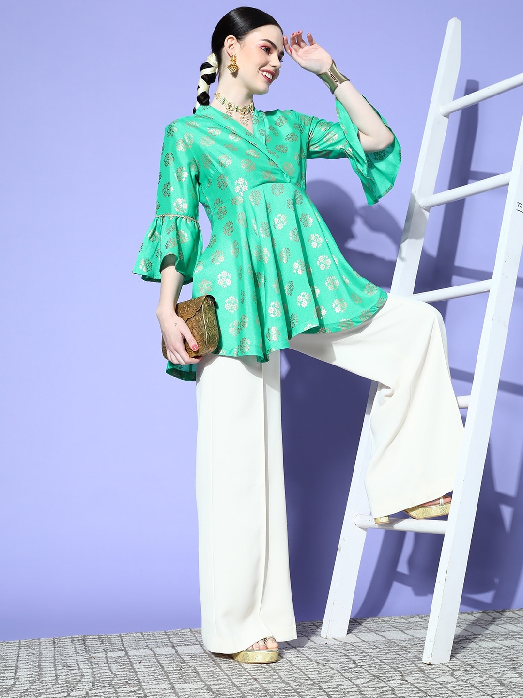 

Sangria Green Ethnic Motifs Wrap it Up Top