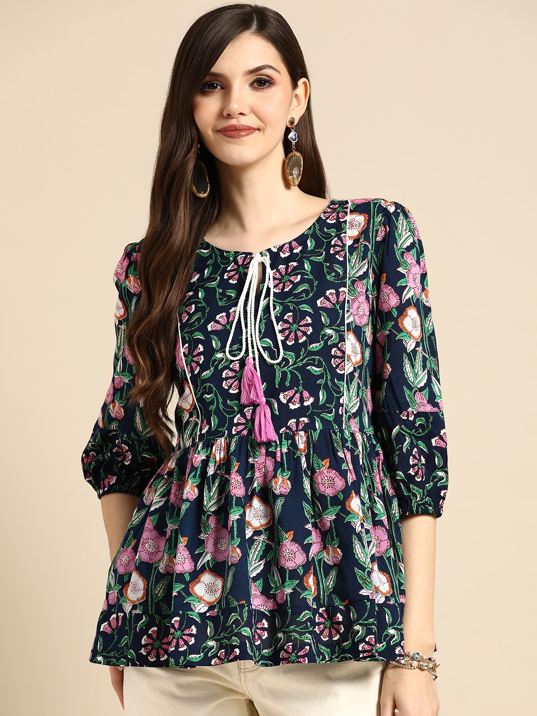 

Sangria Navy Blue & Lavender Ethnic Print Tie-Up Neck A-Line Top