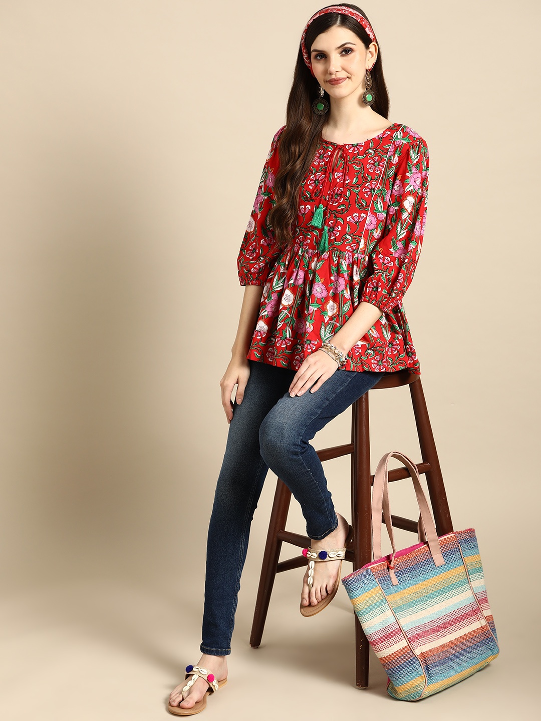 

Sangria Red & Lavender Ethnic Print Tie-Up Neck A-Line Top