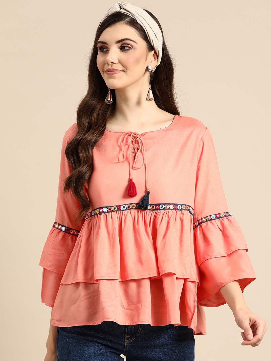 

Sangria Peach-Coloured Tie-Up Neck Layered Top