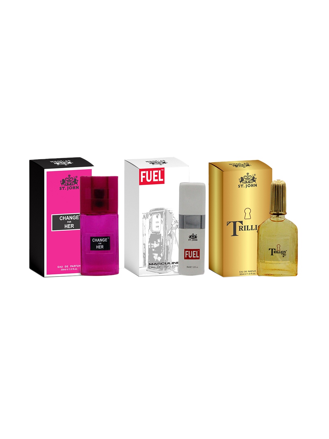 

St. John Set of 3 Change For Her - Men Fuel - Men Trillion Eau De Parfum - 30 ml each, Pink