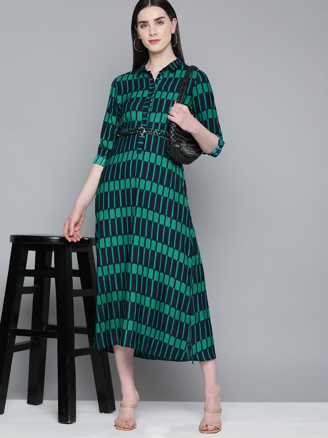 

Chemistry Checked Shirt Style Midi Dress with a Belt, Navy blue