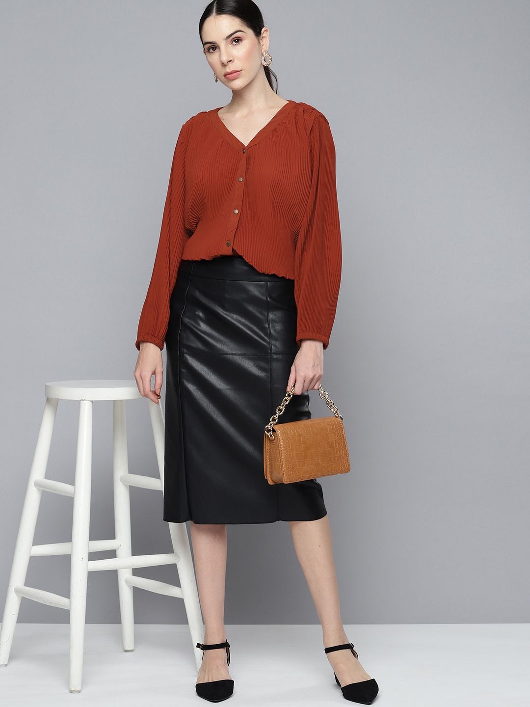 

Chemistry Women Accordion Pleated Casual Shirt, Rust