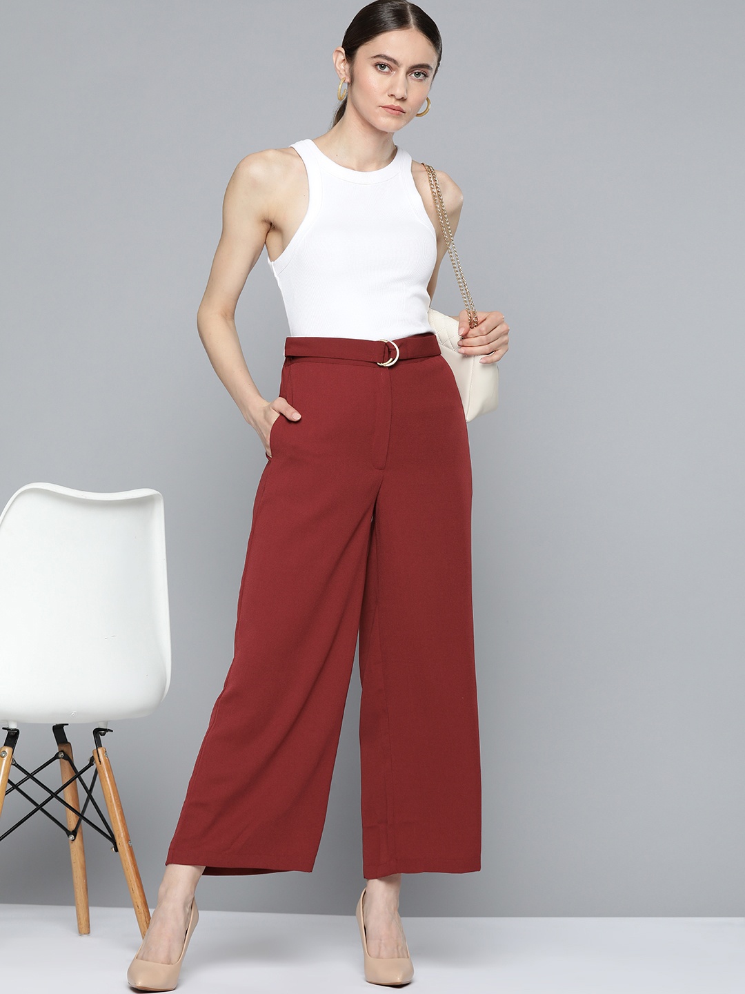 

Chemistry Women Maroon Solid High-Rise Trousers