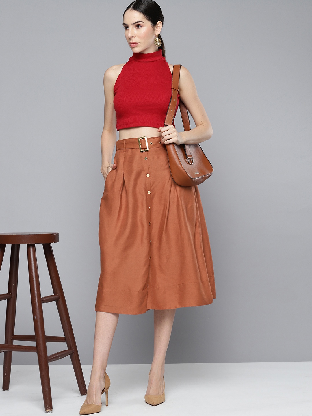 

Chemistry Button Detail Casual A-Line Skirt With Belt, Rust