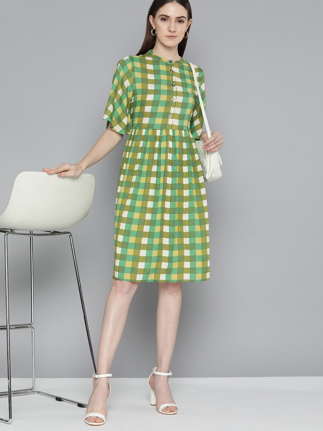 

Chemistry Checked Flared Sleeves A-Line Dress, Green