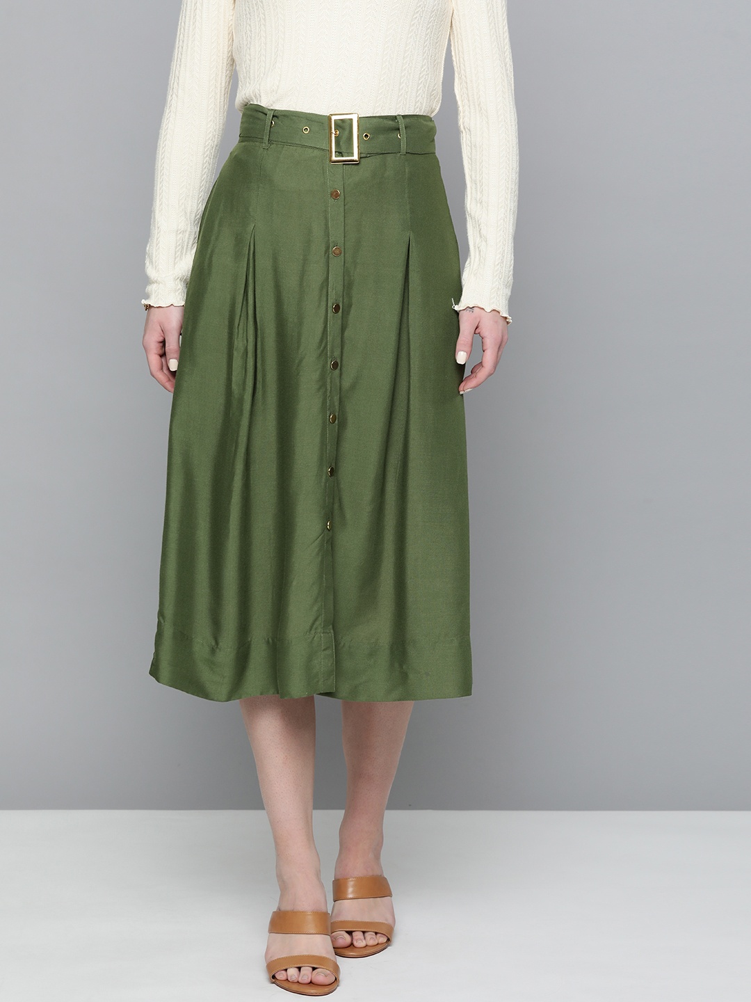 

Chemistry Women Solid Flared Skirt with Belt, Olive