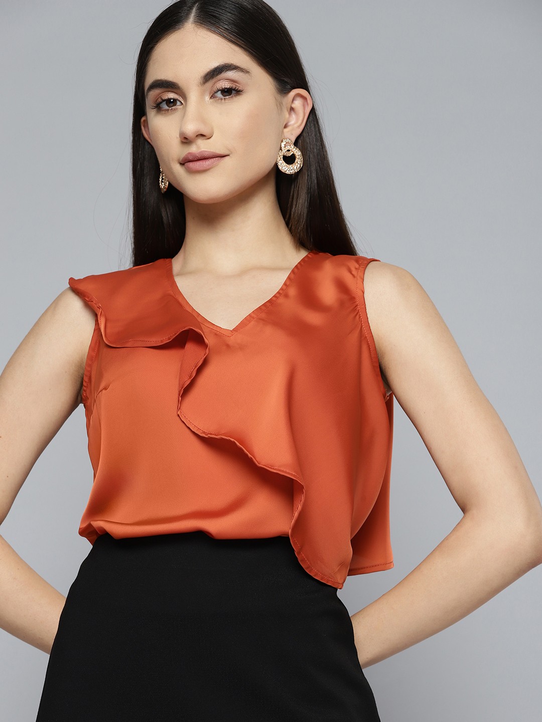 

Chemistry Rust Orange Ruffles Satin SleevelessTop