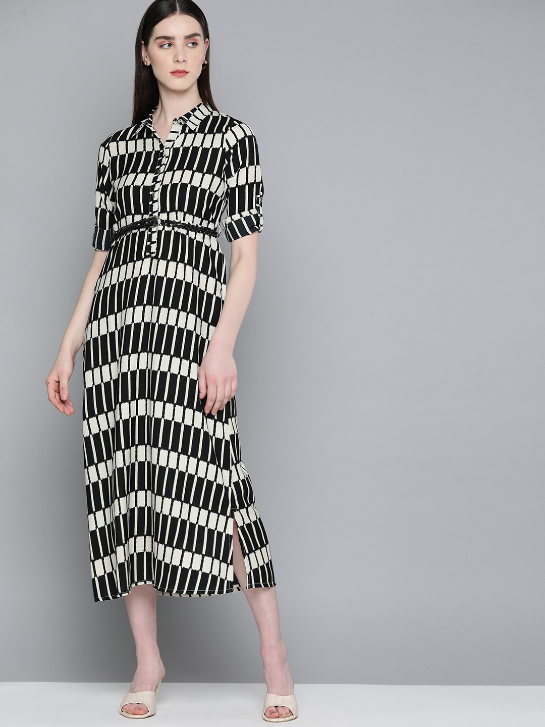 

Chemistry Checked Shirt Style Midi Dress with a Belt, Black