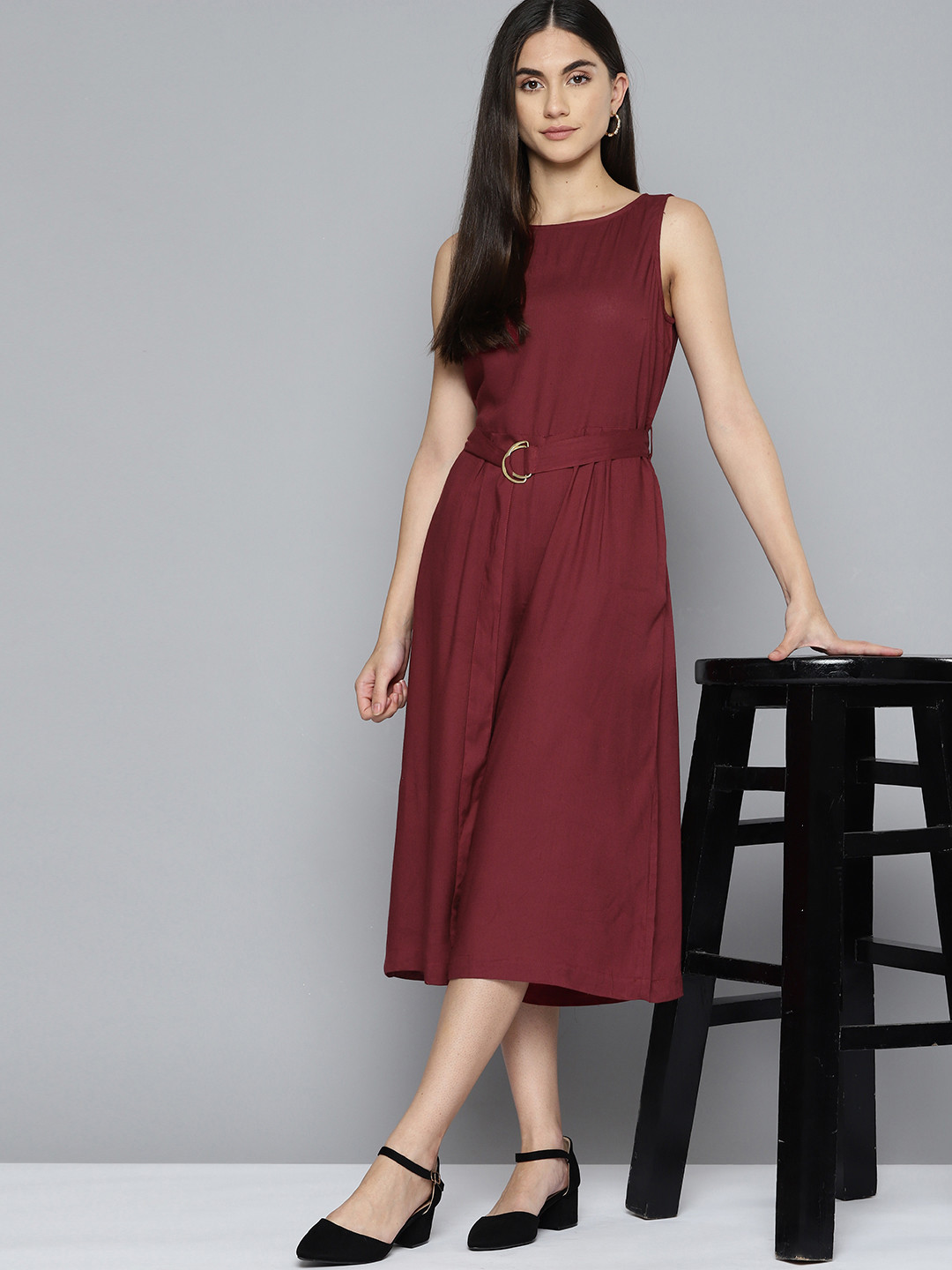 

Chemistry Women Maroon Solid Culotte Belted Jumpsuit