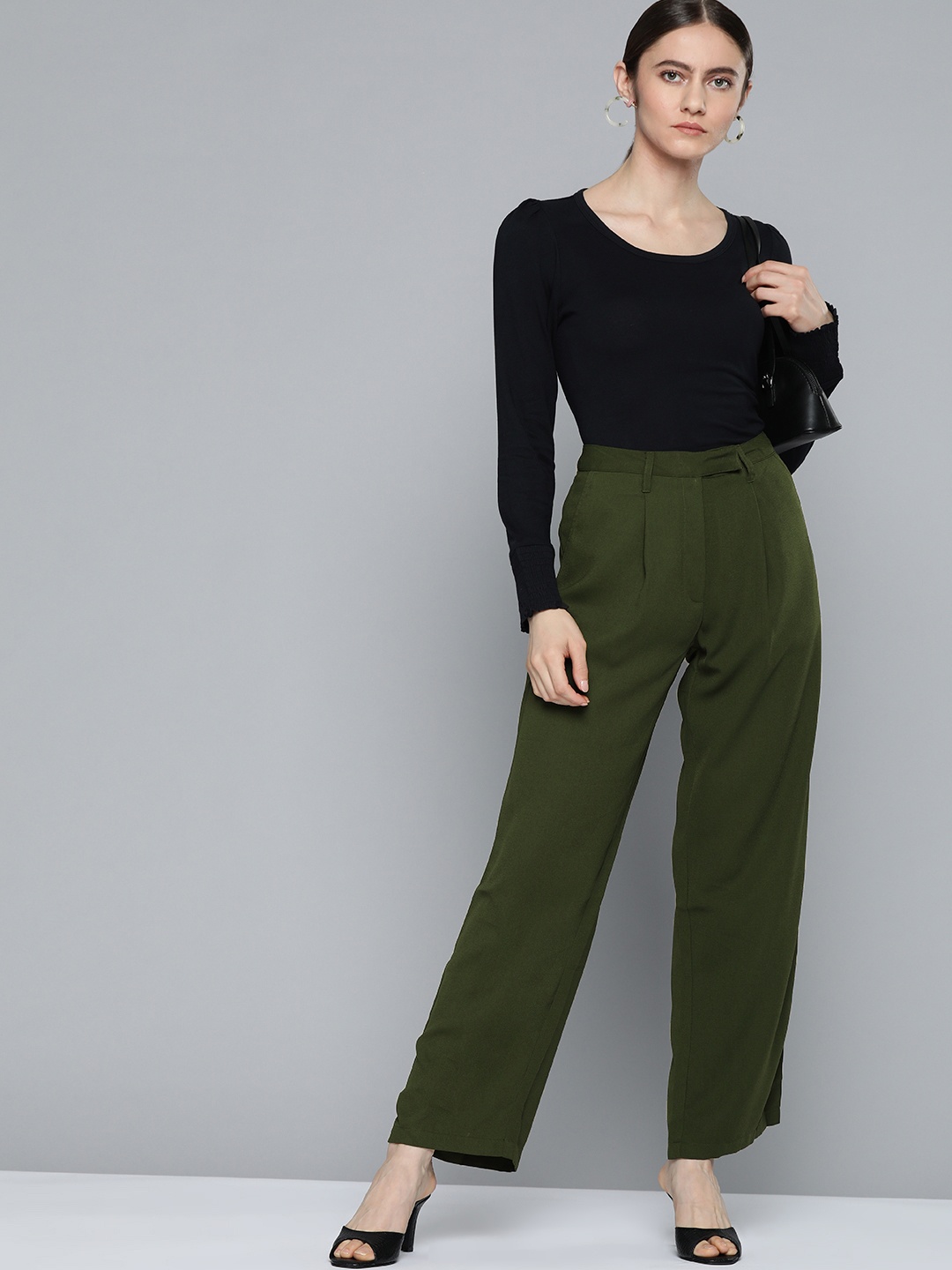 

Chemistry Women Olive Green Solid High-Rise Trousers