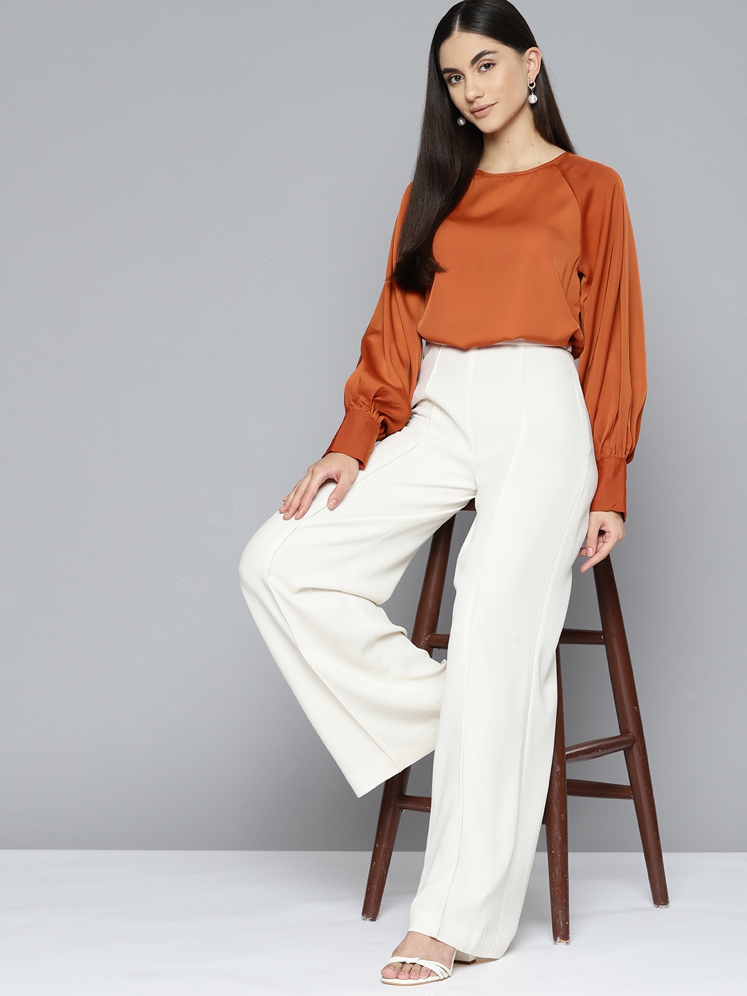 

Chemistry Rust Orange Raglan Sleeves Satin Top
