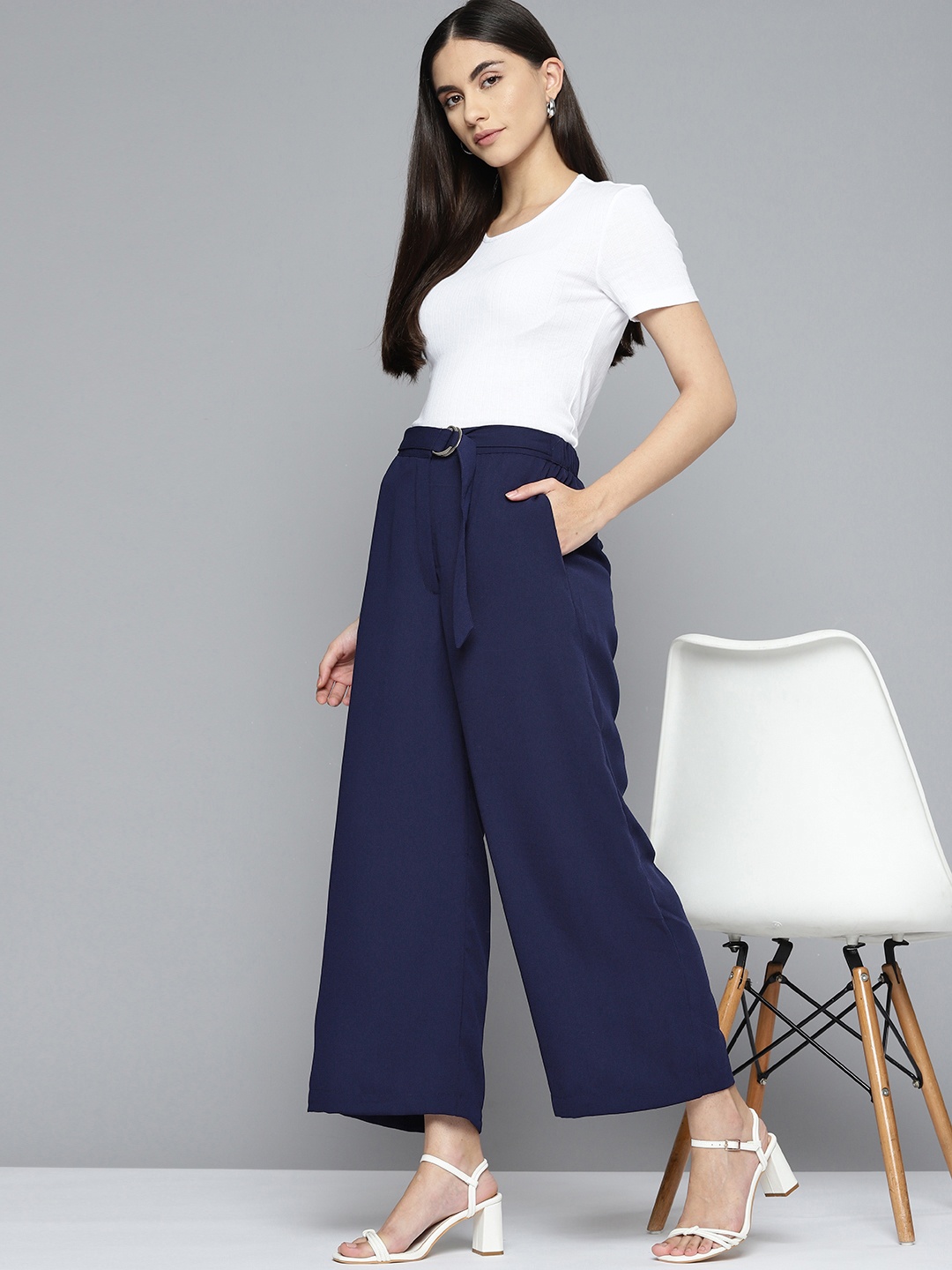 

Chemistry Women Navy Blue Solid Belted Trousers