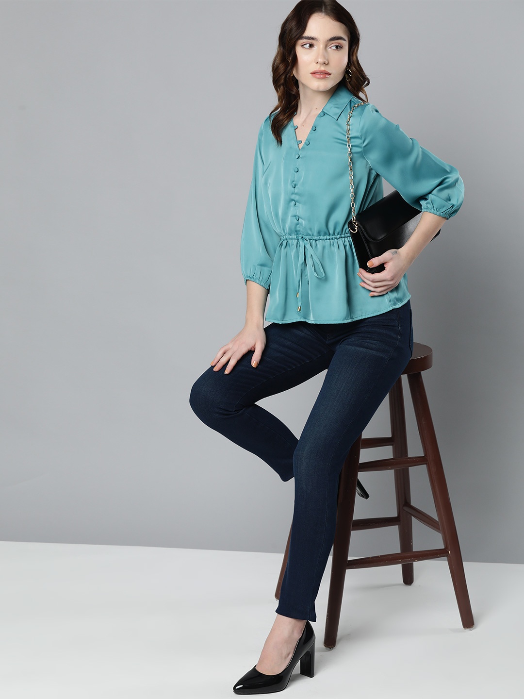 

Chemistry Blue Shirt Collar Cinched Waist Satin Finish Top