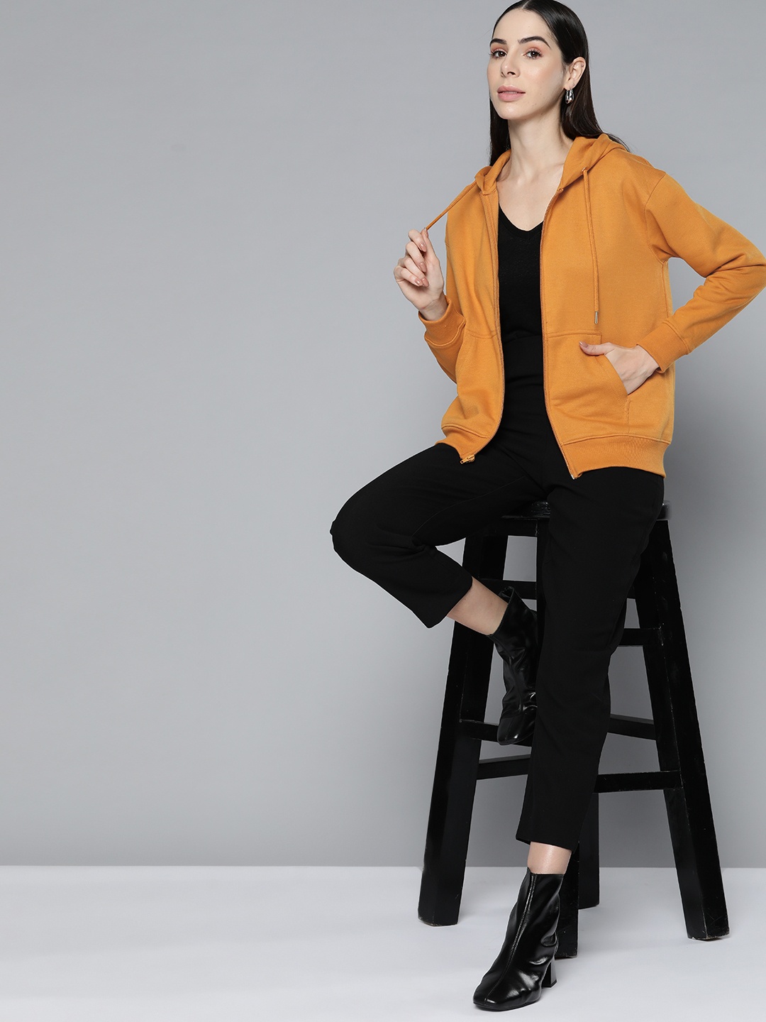 

Chemistry Women Mustard Yellow Solid front open Hooded Sweatshirt