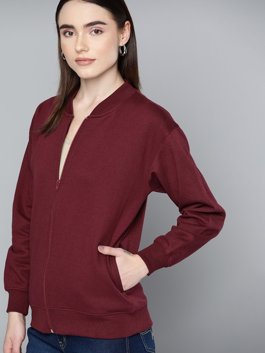 

Chemistry Women Maroon Solid Fleece Front Open Sweatshirt