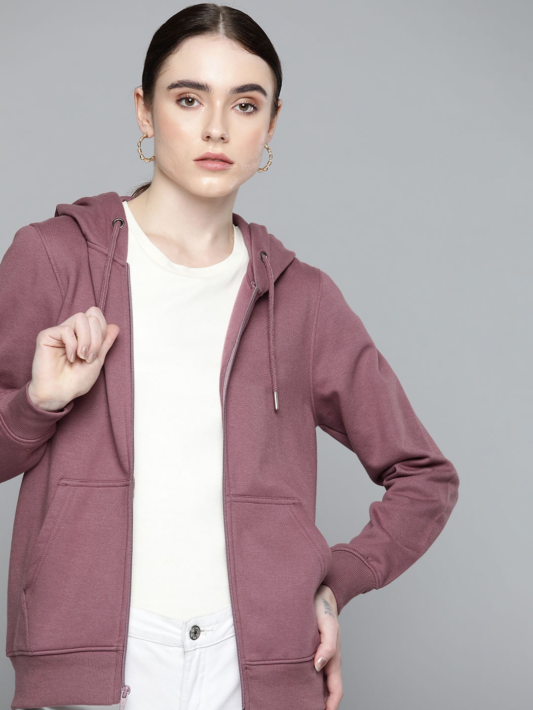 

Chemistry Women Mauve Hooded Fleece Front Open Sweatshirt