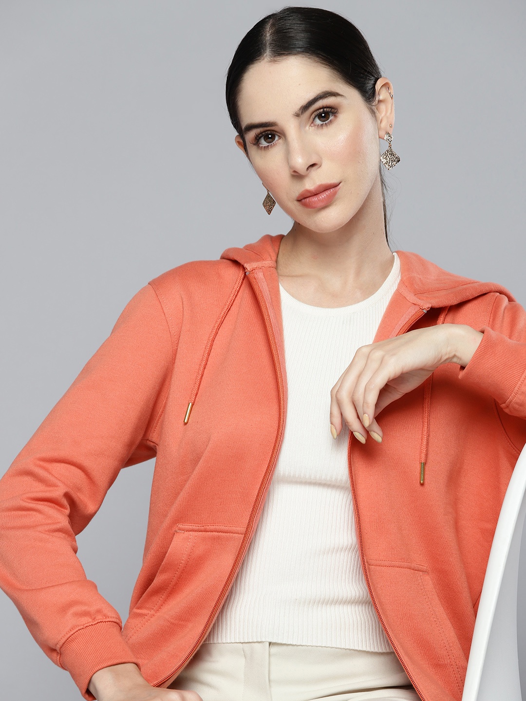 

Chemistry Women Peach-Coloured Solid Hooded Fleece Sweatshirt