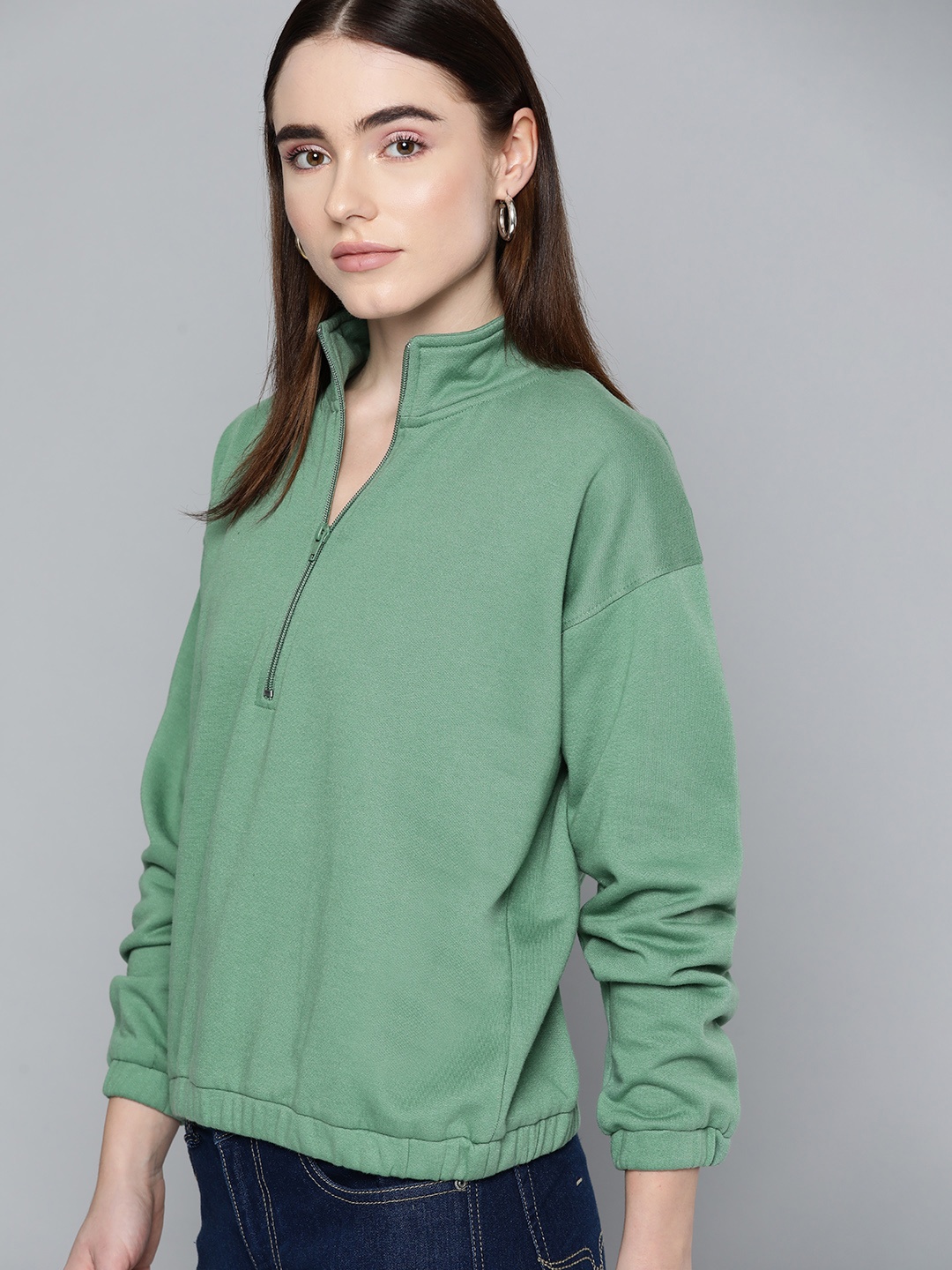 

Chemistry Women Green Solid High Neck Sweatshirt