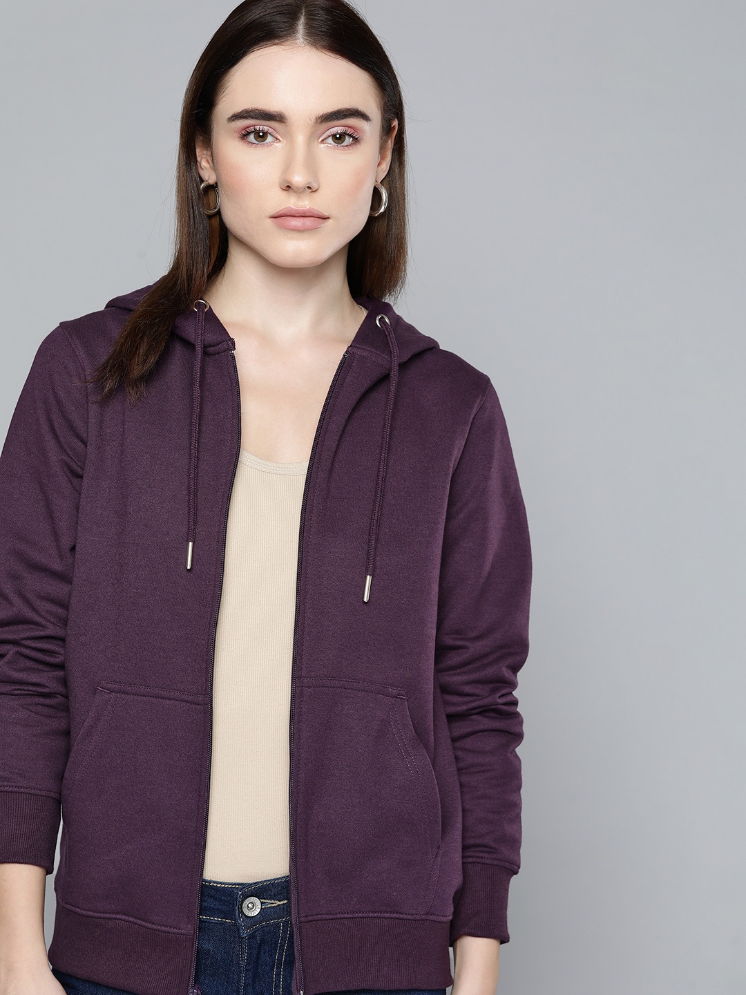 

Chemistry Women Purple Solid Front Open Hooded Sweatshirt
