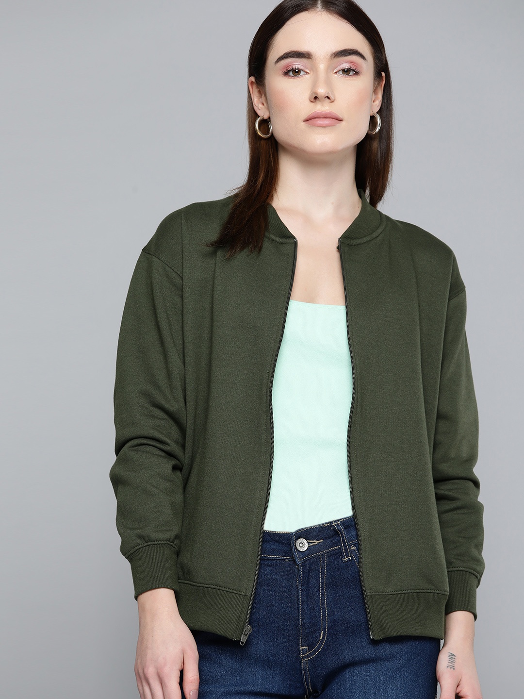 

Chemistry Women Olive Green Solid Front open Fleece Sweatshirt