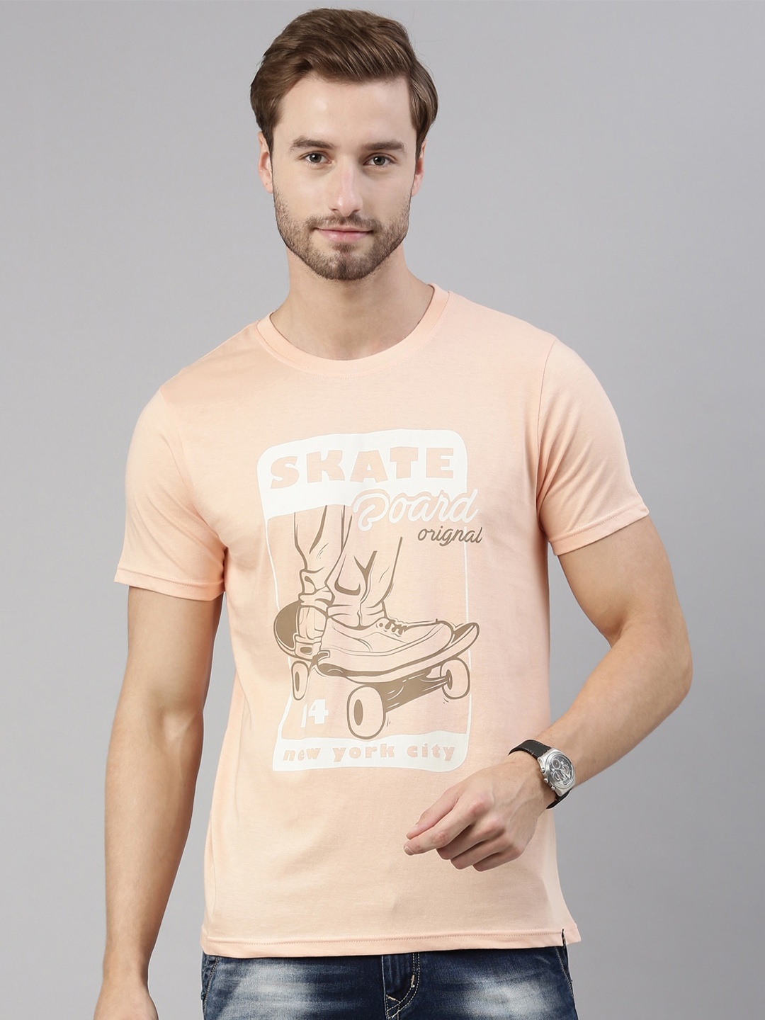

Joven Men Peach-Coloured Printed Cotton T-shirt