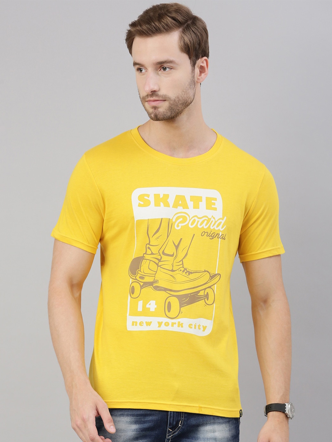 

Joven Men Yellow Printed Cotton T-shirt