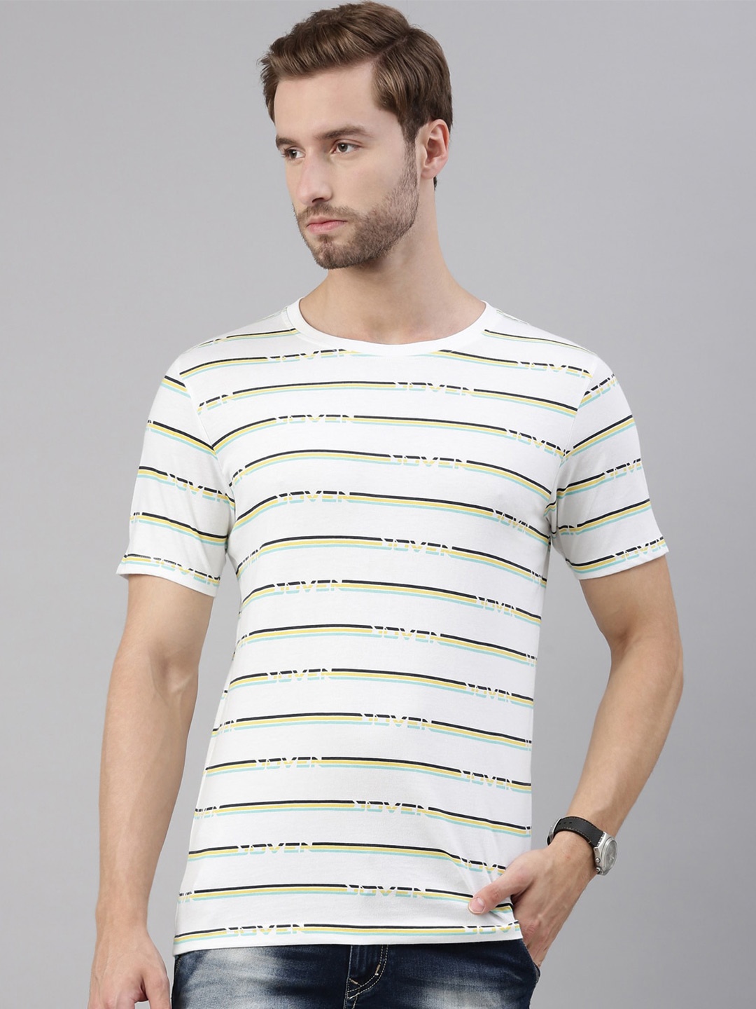 

Joven Men White Printed Raw Edge T-shirt
