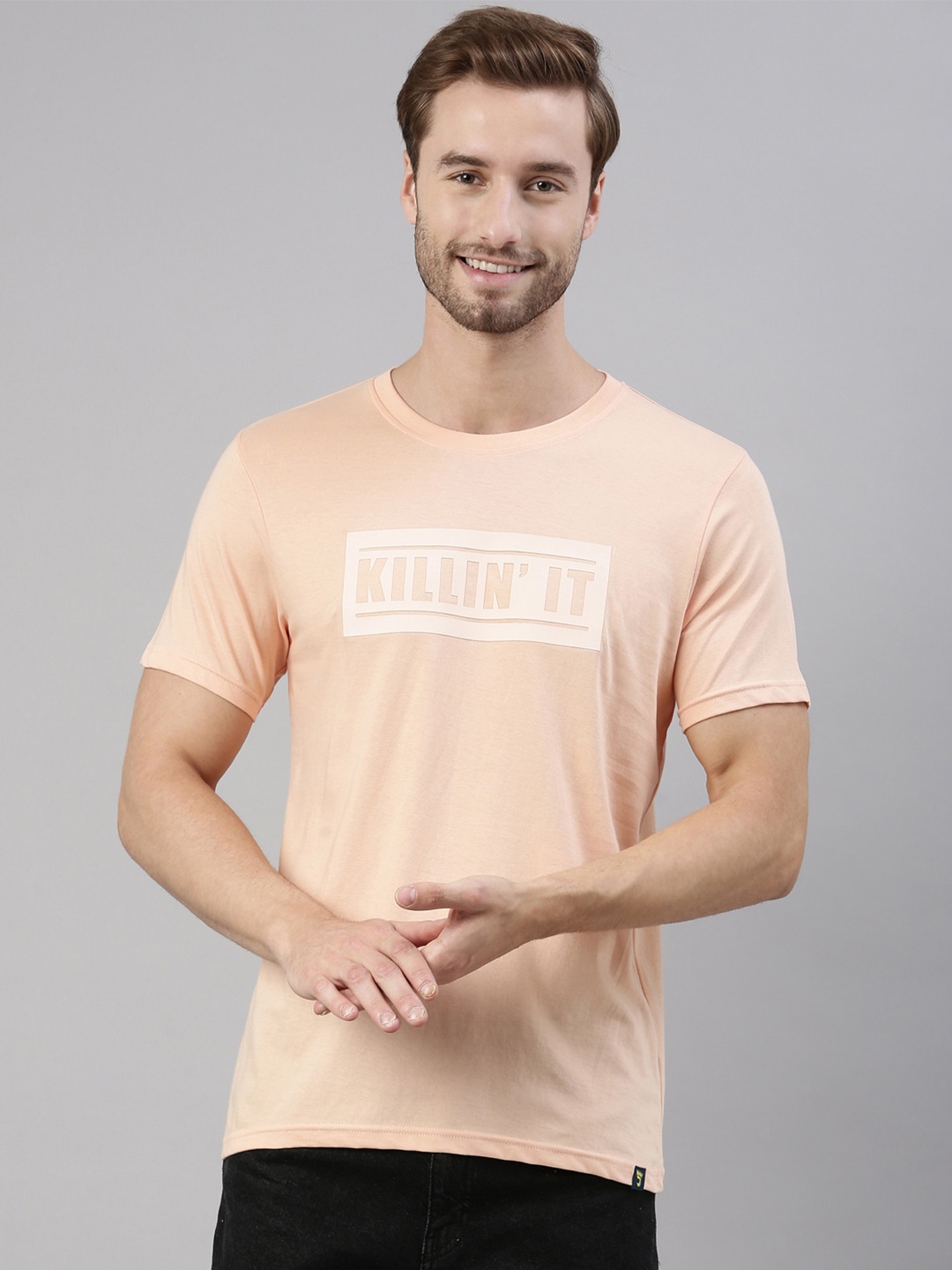 

Joven Men Peach-Coloured Typography Printed Applique T-shirt