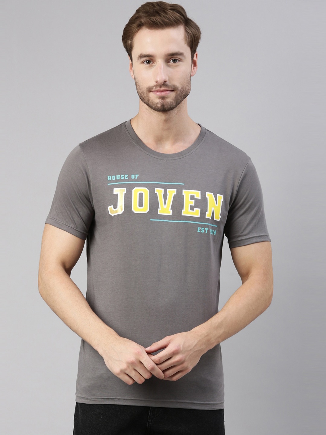 

Joven Men Grey Printed Pure Cotton T-Shirt