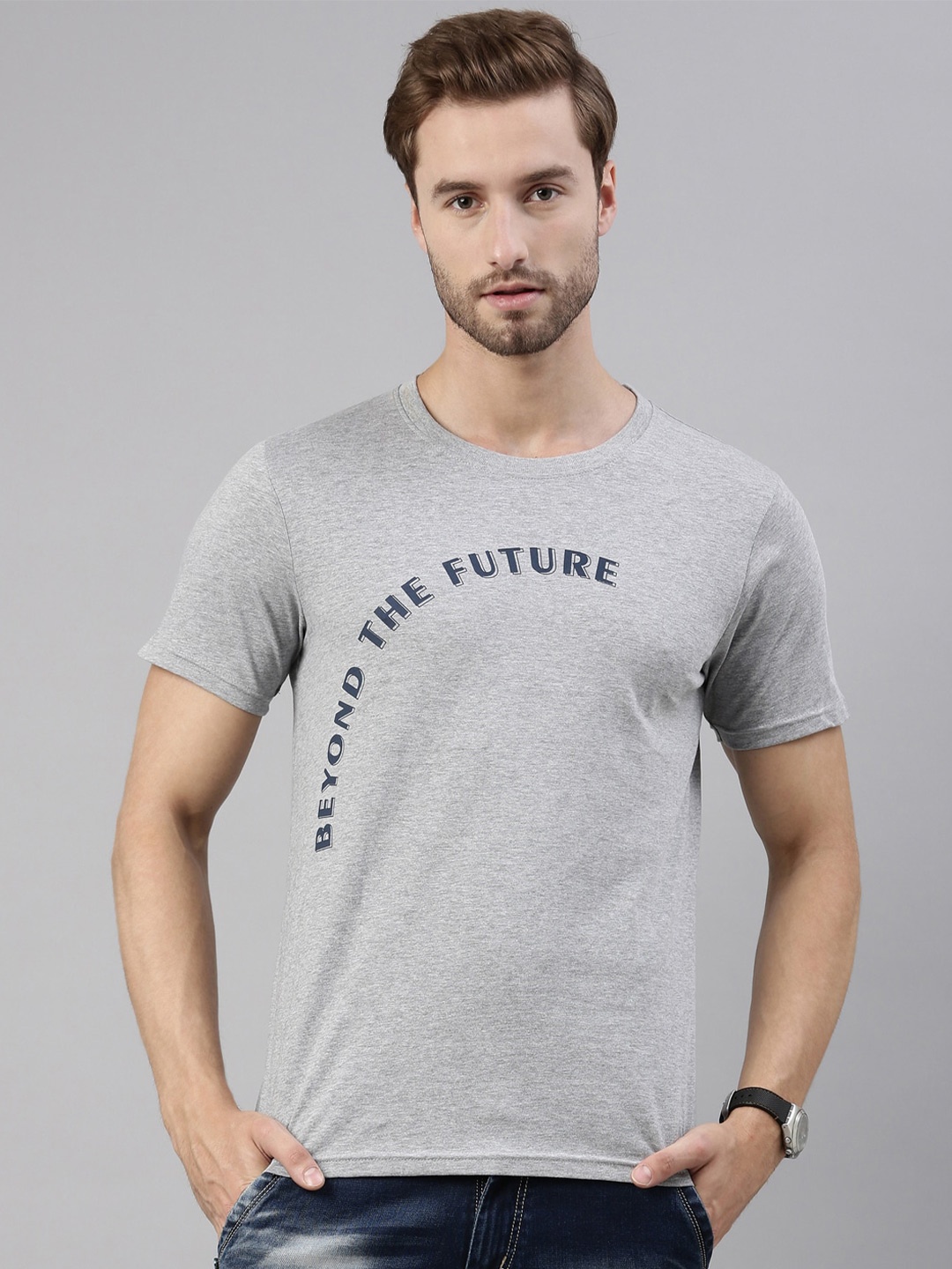 Joven Men Grey Printed Pure Cotton T-Shirt